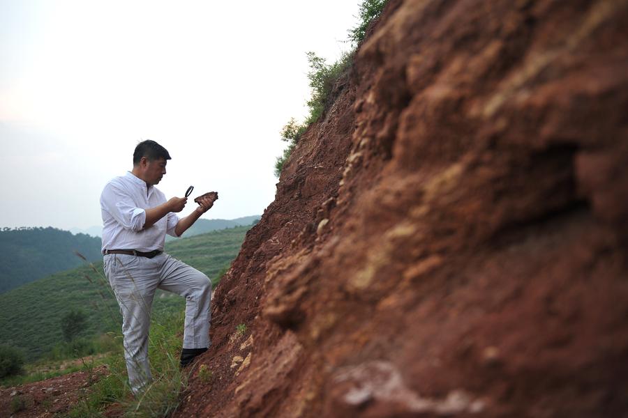 Bai Xuefeng busca la materia prima de arcilla morada en las monta?as en la ciudad de Chaoyang, provincia de Liaoning , 21 de julio de 2014.