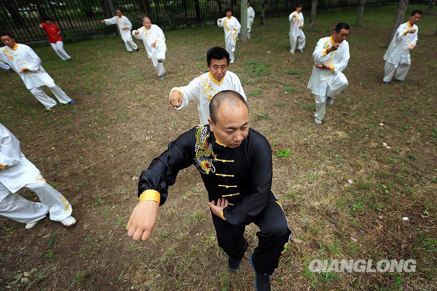 Wang practica taichí con sus estudiantes en un parque después de trabajar. (Qixin Qianlong.com/Zhang)