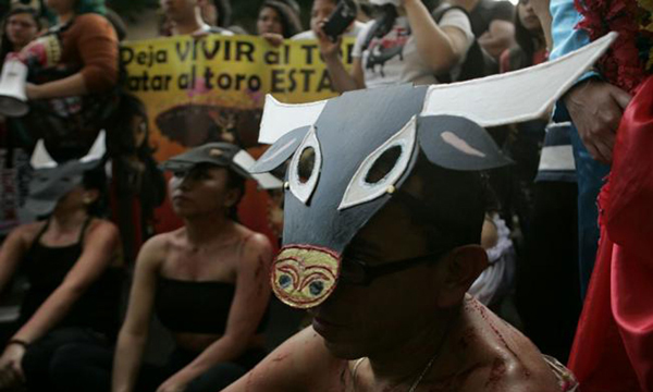 Ni?os y adolescentes se manifiestan contras las corridas de toros en la Plaza México