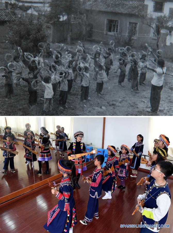 En la foto superior tomada el 13 de enero del presente a?o se ven unos ni?os en la clase de deporte en el distrito de Mojiang en la década 50 del siglo pasado. La inferior muestra una clase de música de una escuela primaria del mismo distrito.