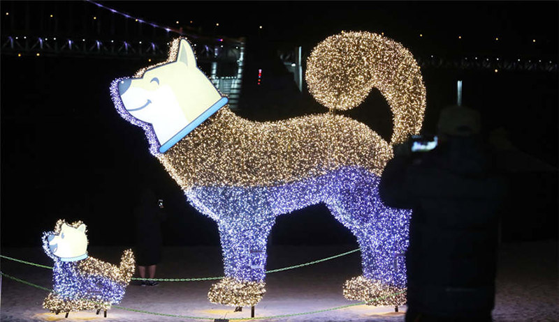 Para darle la bienvenida al nuevo a?o, las esculturas con luces en forma de perros embellecen la playa de Busan, en Corea del Sur, 4 de diciembre del 2017. [Foto: IC]