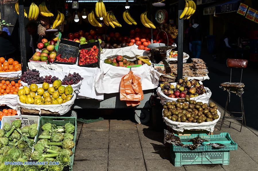 SANTIAGO, agosto 3, 2018 (Xinhua) -- Vista de bolsas plásticas colgadas en un puesto de frutas, en Santiago, capital de Chile, el 3 de agosto de 2018. El presidente de Chile, Sebastián Pi?era, oficializó el viernes la ley que prohíbe la entrega de bolsas de plástico en todo el comercio nacional, que comenzará a regir de inmediato y que instala al país "a la vanguardia" en el cuidado del ecosistema. (Xinhua/Jorge Villegas)