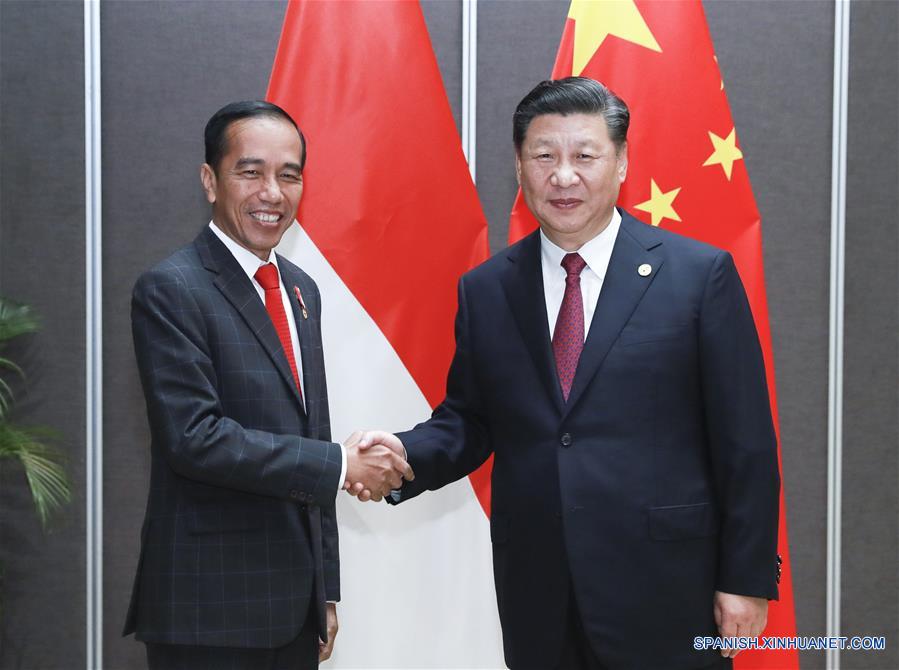 El presidente chino, Xi Jinping (d), se reúne con su homólogo de Indonesia, Joko Widodo, en Port Moresby, Papúa Nueva Guinea, el 17 de noviembre de 2018. (Xinhua/Pang Xinglei)