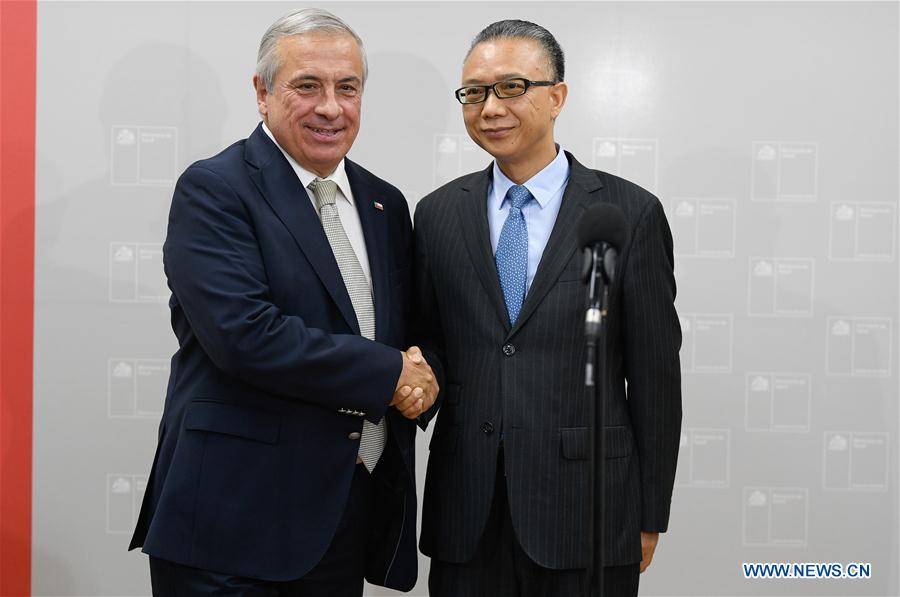 SANTIAGO, 2 marzo, 2020 (Xinhua) -- El embajador de China en Chile, Xu Bu (d), estrecha la mano del ministro de Salud de Chile, Jaime Ma?alich (i), tras una reunión para efectuar el seguimiento de la conversación que el presidente chileno, Sebastián Pi?era, tuvo el viernes con el presidente chino, Xi Jinping, en Santiago, capital de Chile, el 2 de marzo de 2020. El gobierno chileno anunció el lunes que enviará "en breve" a China una delegación de cuatro profesionales del Ministerio de Salud para aprender sobre el control del nuevo coronavirus. (Xinhua/Jorge Villegas)