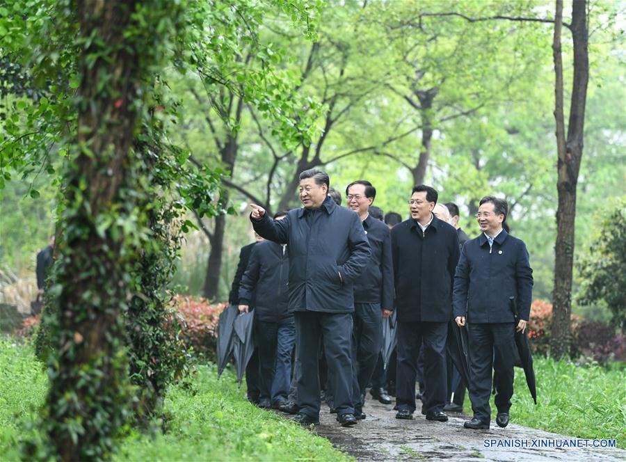 El presidente chino, Xi Jinping, también secretario general del Comité Central del Partido Comunista de China y presidente de la Comisión Militar Central, visita el Parque Nacional de los Humedales de Xixi durante una inspección en Hangzhou, provincia de Zhejiang, en el este de China, el 31 de marzo de 2020. (Xinhua/Yan Yan)