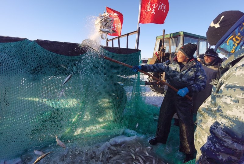 Residentes de Hexigten Banner de Chifeng utilizan métodos de pesca tradicionales, Región Autónoma de Mongolia Interior, 1o de enero del 2021. [Foto: Meng Zhigang/ China Daily]