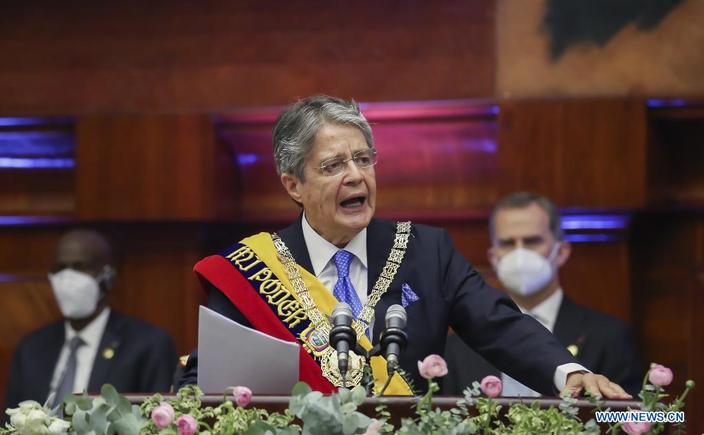  Imagen cedida por la Asamblea Nacional de Ecuador del presidente ecuatoriano, Guillermo Lasso (frente), pronunciando un discurso luego de tomar juramento a su cargo durante una ceremonia en la Asamblea Nacional de Ecuador, en Quito, capital de Ecuador, el 24 de mayo de 2021. El ex banquero Guillermo Lasso, de 65 a?os, juró el lunes el cargo como presidente de Ecuador para el periodo 2021-2025 en una ceremonia en la Asamblea Nacional ante la presencia de cientos de invitados especiales y mandatarios extranjeros. (Xinhua/Asamblea Nacional de Ecuador)