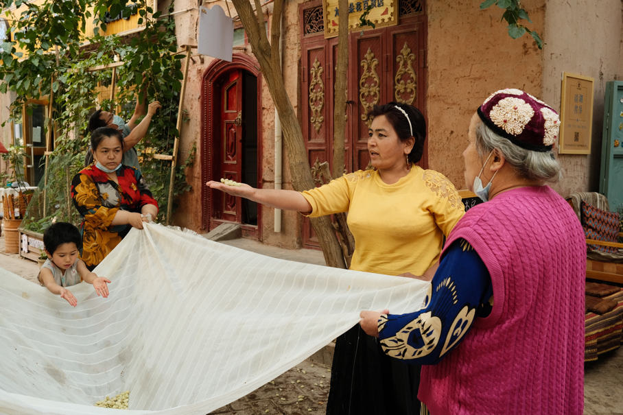 Los residentes locales recolectan moras silvestres juntos en la antigua ciudad de Kashgar, en la región autónoma Uygur de Xinjiang, en el noroeste de China, el 18 de mayo de 2021. (Pueblo en Línea / Zhang Ruohan)