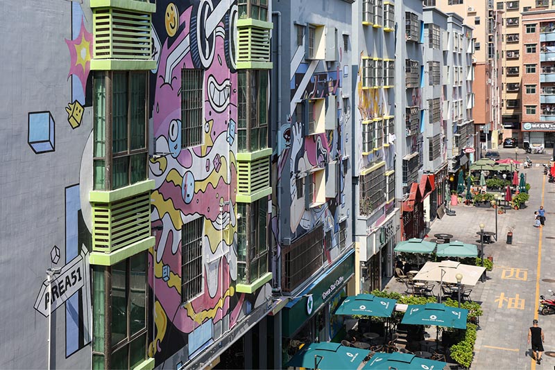 La ciudad de Xiyou es el primer bloque comercial temático de grafiti en Shenzhen, provincia de Guangdong. [Foto proporcionada por Shenzhen Evening News]