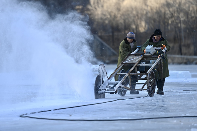 Trabajadores cortan hielo en un lago de Yudushan, Yanqing, Beijing, 28 de diciembre del 2021. [Foto: Wei Xiaohao/ China Daily]