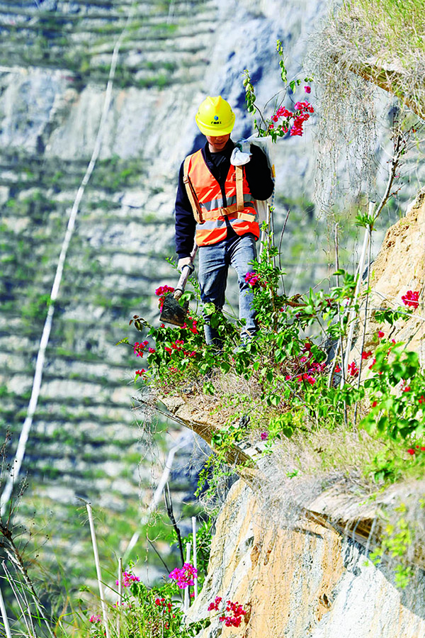 La foto muestra a un trabajador comprobando el progreso del crecimiento de un árbol joven. (Foto / Li Hanchi)