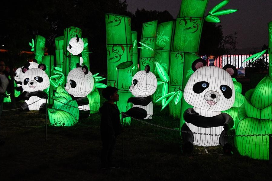 Imagen del 14 de diciembre de 2024 de un ni?o observando una escultura iluminada durante la feria de luces tradicionales chinas Tianfu Festival en el parque Orione, en Santiago, capital de Chile. (Xinhua/Jorge Villegas) 