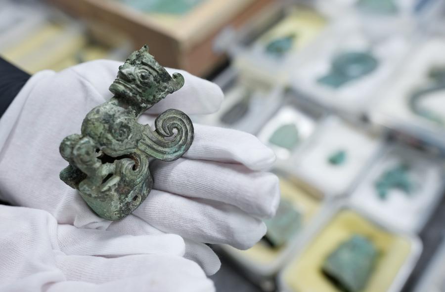 Un miembro del personal muestra una reliquia de bronce en un instituto de investigación de las ruinas de Sanxingdui, en la ciudad de Guanghan de la provincia suroccidental china de Sichuan, el 16 de diciembre de 2024. (Xinhua/Jiang Hongjing)