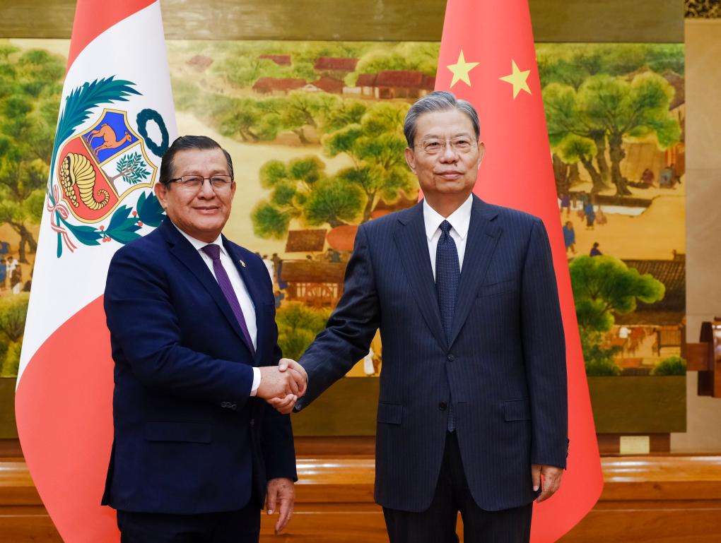 Zhao Leji, presidente del Comité Permanente de la Asamblea Popular Nacional, sostiene conversaciones con el presidente del Congreso de Perú, Eduardo Salhuana, en el Gran Palacio del Pueblo, en Beijing, capital de China, el 6 de enero de 2025. (Xinhua/Ding Lin)