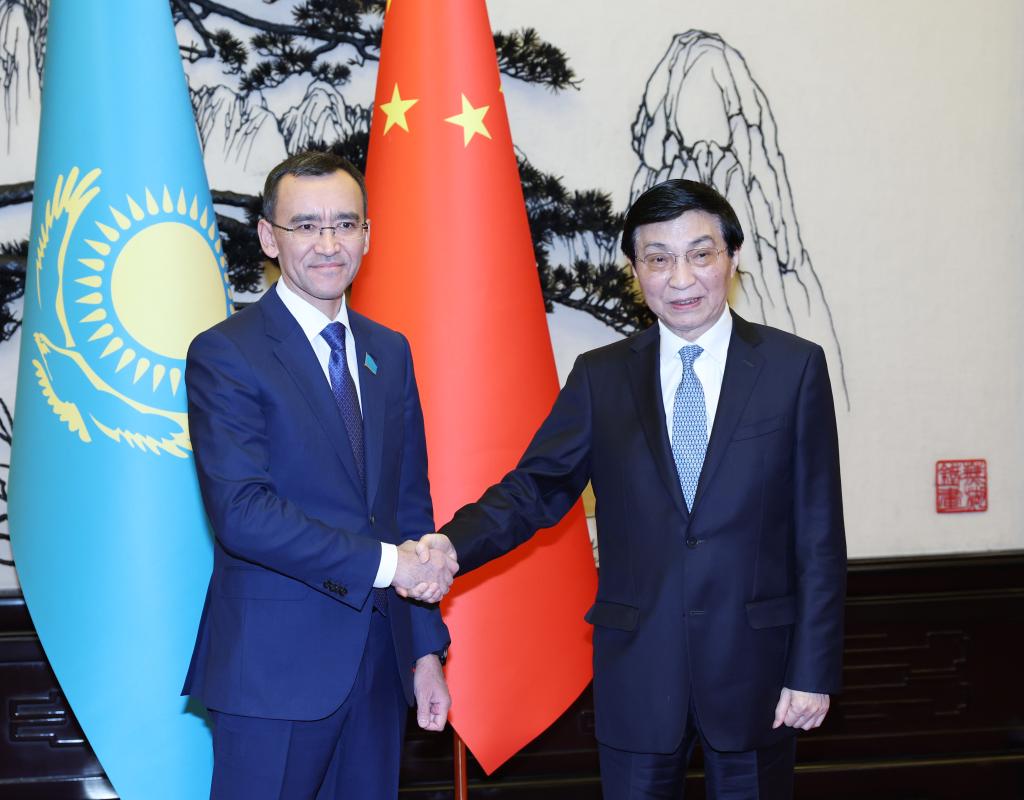 Wang Huning, presidente del Comité Nacional de la Conferencia Consultiva Política del Pueblo Chino, se reúne con Maulen Ashimbayev, presidente del Senado de Kazajistán, en Beijing, capital de China, el 13 de enero de 2025. (Xinhua/Yao Dawei)