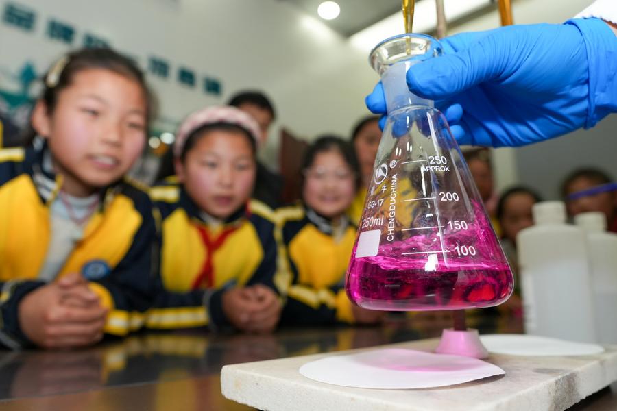 Estudiantes observan un experimento durante una sesión educativa sobre seguridad, en Yangzhou, en la provincia de Jiangsu, en el este de China, el 26 de diciembre de 2024. (Xinhua/Li Bo)